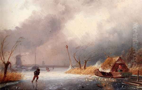 A Winter Landscape With Skaters On A Frozen Waterway Oil Painting by Charles Henri Joseph Leickert