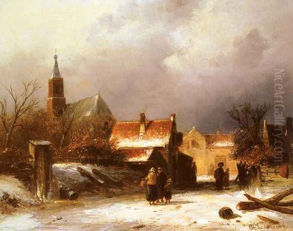 Figures on a Snow Covered Path with a Dutch Town beyond Oil Painting by Charles Henri Joseph Leickert