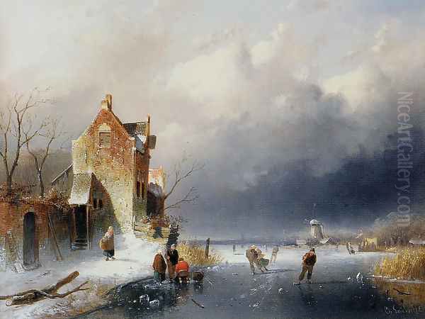 Ice View With Skaters Oil Painting by Charles Henri Joseph Leickert