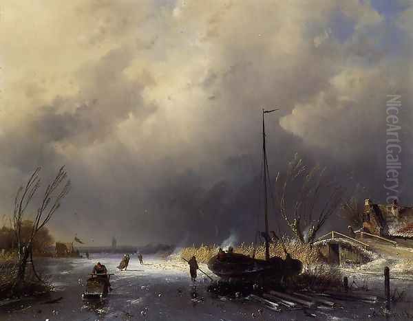 A Winter Landscape with Skaters Oil Painting by Charles Henri Joseph Leickert