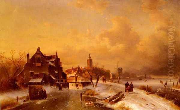 Winter and Summer Canal Scenes: A Pair of Paintings (Pic 1) Oil Painting by Charles Henri Joseph Leickert