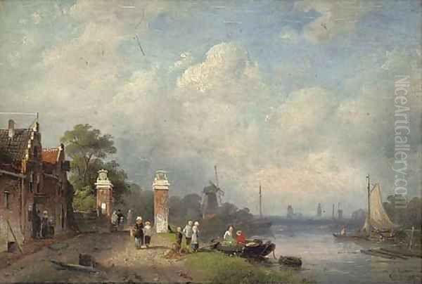 Figures at the edge of a Dutch canal Oil Painting by Charles Henri Joseph Leickert