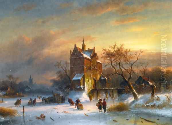 Skaters Near A Castle Oil Painting by Charles Henri Joseph Leickert