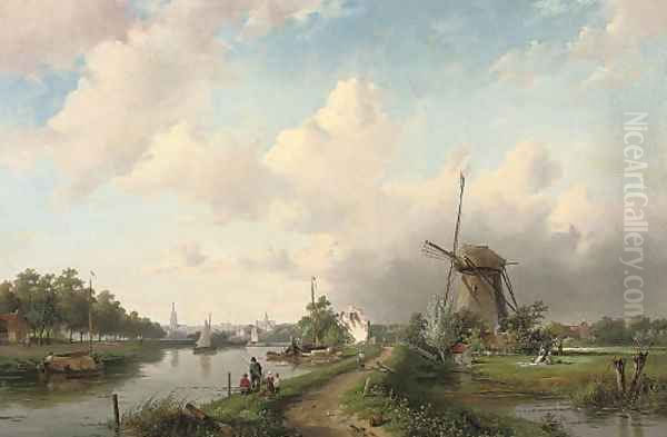 A summer's day at a Dutch windmill Oil Painting by Charles Henri Joseph Leickert