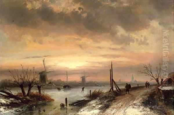 Figures at a frozen Dutch waterway, dusk Oil Painting by Charles Henri Joseph Leickert