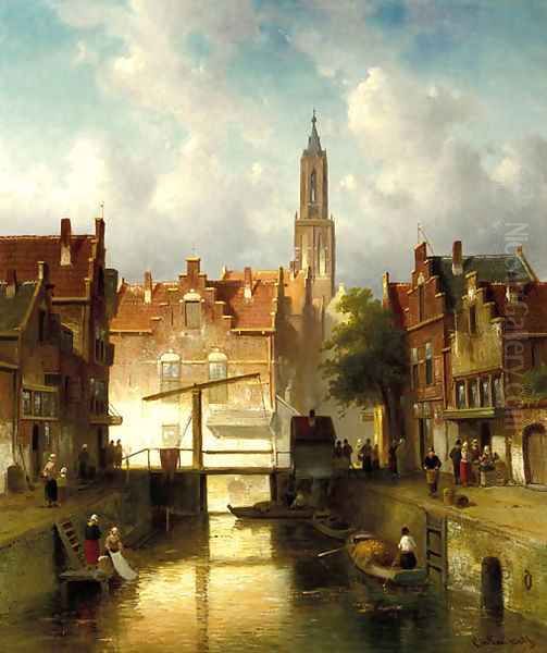 Figures on a quay in a town Oil Painting by Charles Henri Joseph Leickert