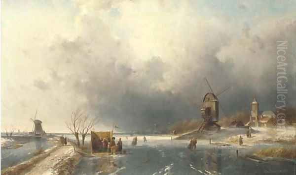 Skaters in a Winter landscape Oil Painting by Charles Henri Joseph Leickert