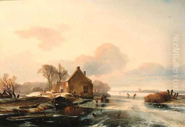 A winter landscape with skaters on a lake Oil Painting by Charles Henri Joseph Leickert