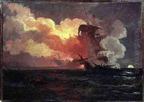 A Naval Engagement Oil Painting by Philip Jacques de Loutherbourg