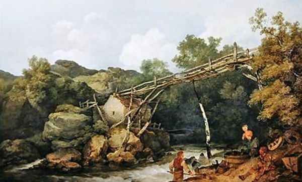 A View near Matlock Derbyshire with Figures Working beneath a Wooden Conveyor 1785 Oil Painting by Philip Jacques de Loutherbourg