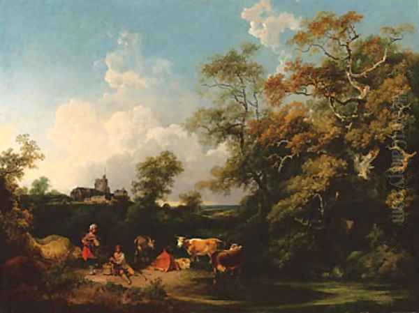 A wooded river landscape with a milkmaid, herdsman and cattle, a church beyond Oil Painting by Philip Jacques de Loutherbourg