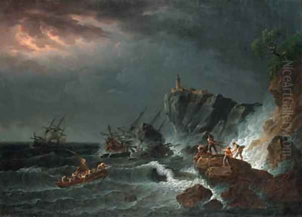 A rocky Coast in a Storm with a shipwrecked Sailing Boat and Fishermen casting a Rope to a Rowing Boat in Peril Oil Painting by Philip Jacques de Loutherbourg