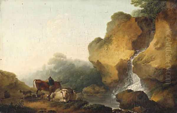 A rocky Landscape with Herdsmen resting before a Waterfall Oil Painting by Philip Jacques de Loutherbourg