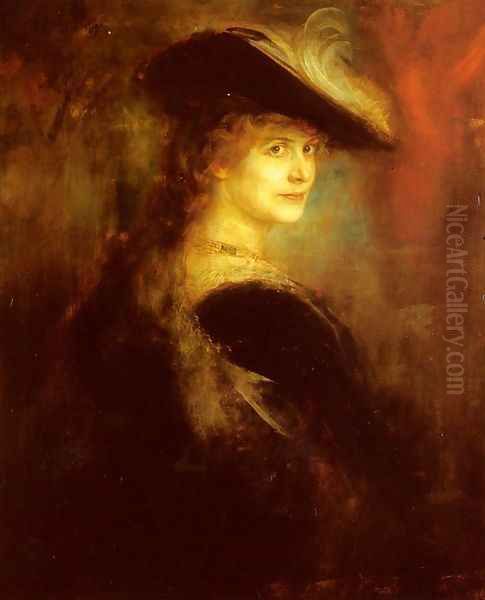 Portrait Of An Elegant Lady In Rubenesque Costume Oil Painting by Franz von Lenbach