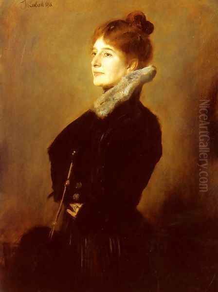 Portrait Of A Lady Wearing A Black Coat With Fur Collar Oil Painting by Franz von Lenbach