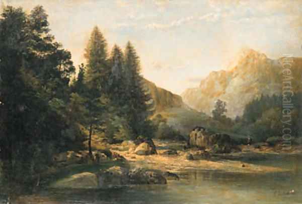 A mountainous river landscape Oil Painting by Franz von Lenbach