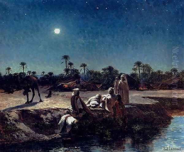 An Arab Encampment By Moonlight Oil Painting by Jean Baptiste Paul Lazerges