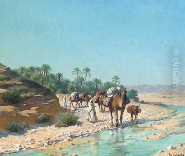 A camel train crossing a stream Oil Painting by Jean Baptiste Paul Lazerges