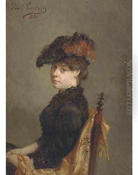 Portrait of a lady, half-length, seated, in a feather hat Oil Painting by Jean Baptiste Paul Lazerges