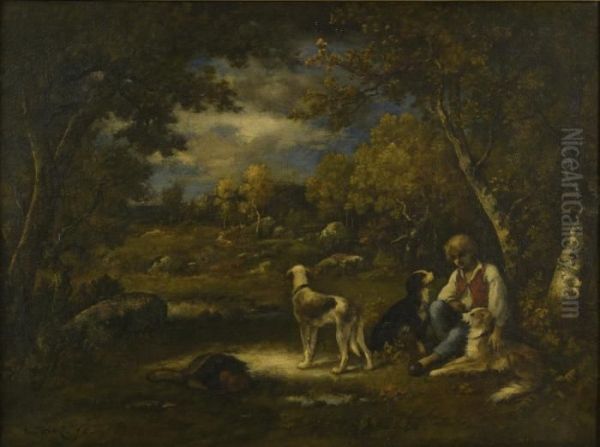 Boy With His Dogs In A Wood Oil Painting by Narcisse-Virgile D Az De La Pena