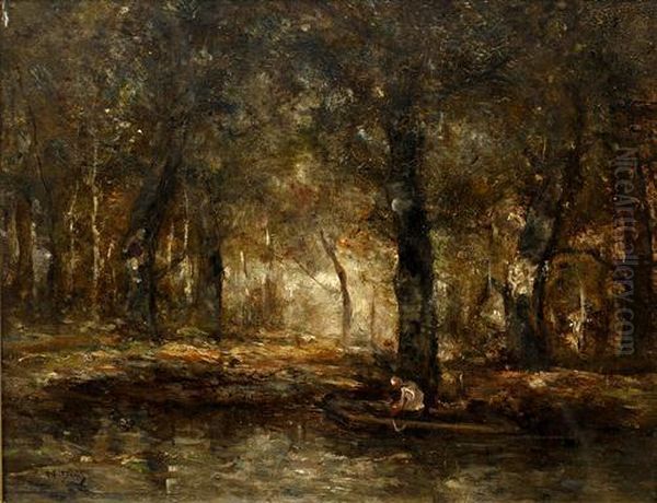 Woodland River With Figure In A Punt Oil Painting by Narcisse-Virgile D Az De La Pena