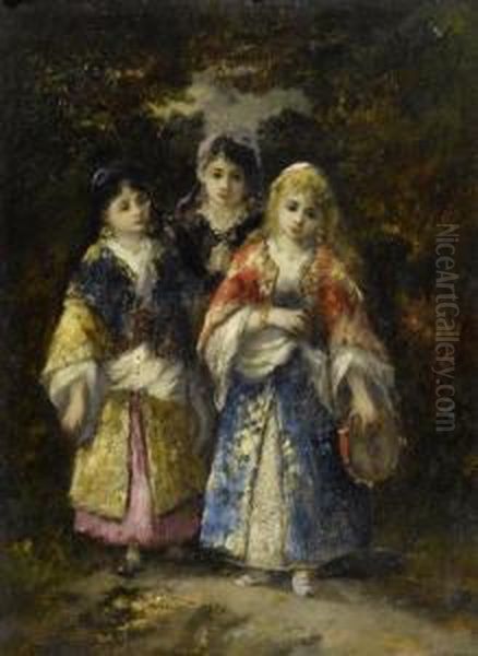 Three Girls In The Forest Oil Painting by Narcisse-Virgile D Az De La Pena