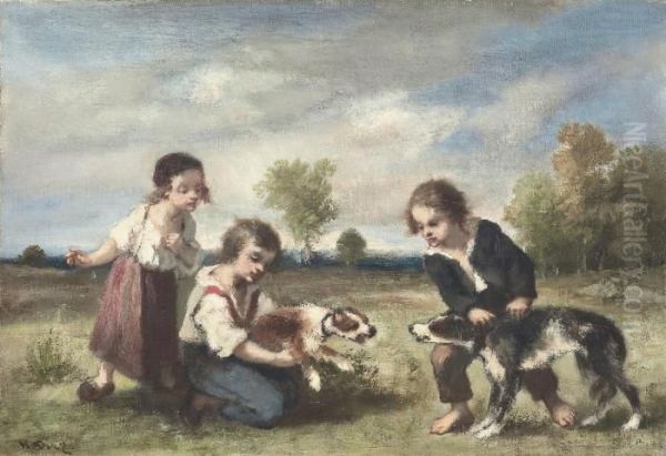 Jeunes Enfants Agacant Des Chiens Oil Painting by Narcisse-Virgile D Az De La Pena