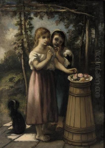 Two Girls By A Fruitbowl Oil Painting by Narcisse-Virgile D Az De La Pena