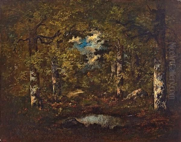 Birch Trees, Boulders And A Pond: Fontainebleau Forest Oil Painting by Narcisse-Virgile D Az De La Pena