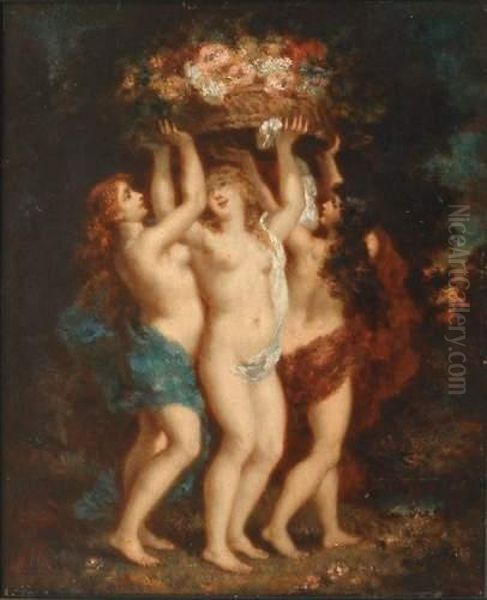 Les Trois Nymphes Au Panier Fleuri Oil Painting by Narcisse-Virgile D Az De La Pena