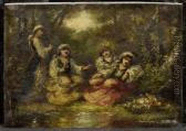 Four Women In Oriental Dresses In A Clearing Oil Painting by Narcisse-Virgile D Az De La Pena