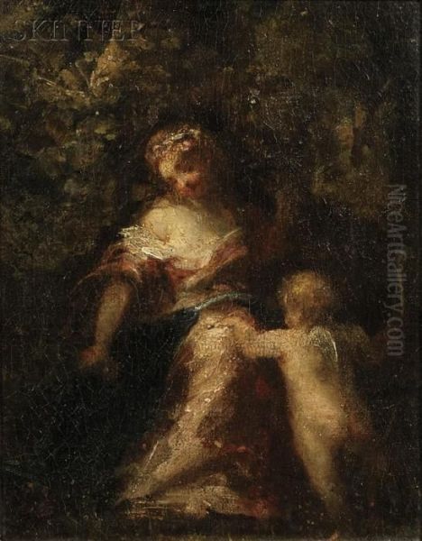 Woman With Cupid In A Woodland Clearing Oil Painting by Narcisse-Virgile D Az De La Pena