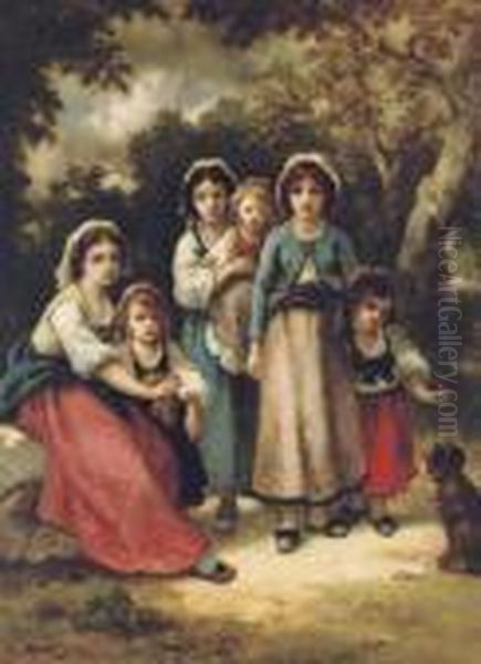 Trois Bohemiennes Et Trois Enfants (mme Diaz Et Marie): A Gypsy Family Oil Painting by Narcisse-Virgile D Az De La Pena