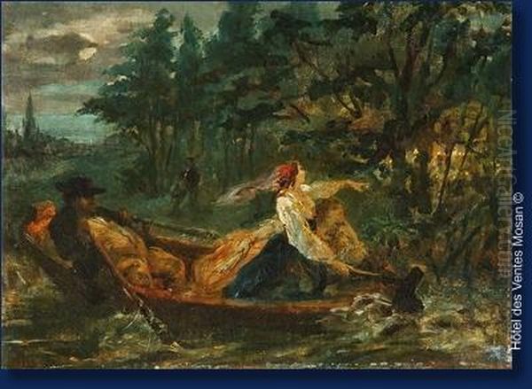 Couple Dans Une Barque Oil Painting by Narcisse-Virgile D Az De La Pena