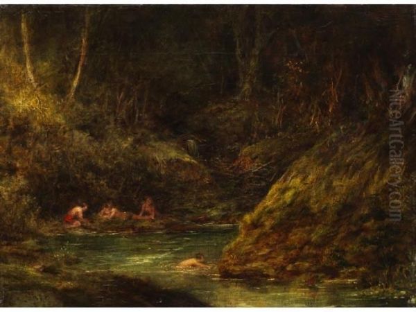 Waldbach Mit Badenden Madchen Am Ufer Oil Painting by Narcisse-Virgile D Az De La Pena