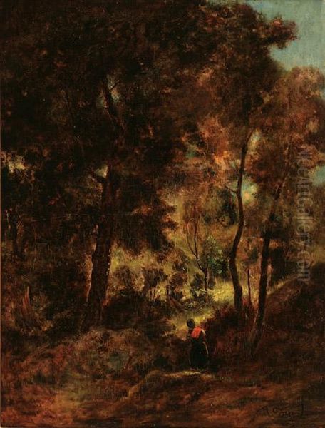 Barbizon Landscape With Peasant Gathering Wood Oil Painting by Narcisse-Virgile D Az De La Pena