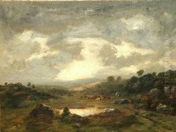 Cattle Resting On A Hillside Beneath Cloudy Skies Oil Painting by Narcisse-Virgile D Az De La Pena