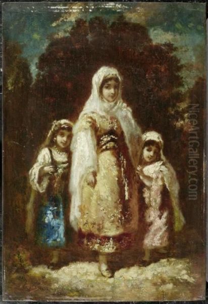 Mother With Two Girls Oil Painting by Narcisse-Virgile D Az De La Pena