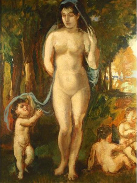 Naked Madonna And Children Playing At Her Feet Oil Painting by Narcisse-Virgile D Az De La Pena