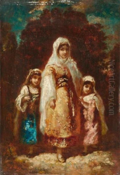 Mother With Two Girls. Oil Painting by Narcisse-Virgile D Az De La Pena