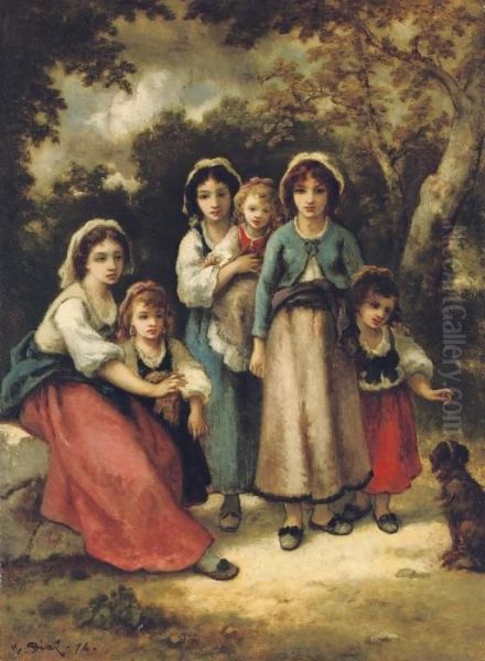 Trois Bohemiennes Et Trois Enfants Oil Painting by Narcisse-Virgile D Az De La Pena