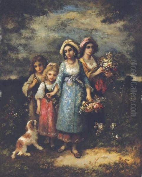 La Cueillette Des Fleurs: Picking Flowers Oil Painting by Narcisse-Virgile D Az De La Pena