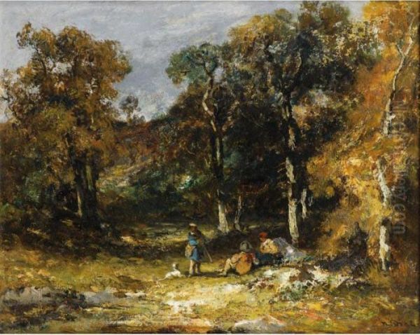 Chasseurs Dans Un Sous Bois Oil Painting by Narcisse-Virgile D Az De La Pena