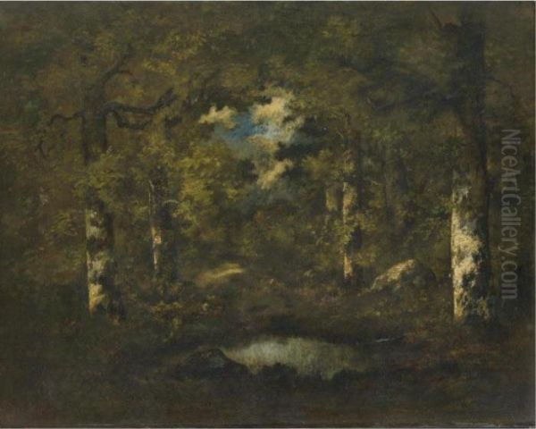 Birch Trees, Boulders And A Pond: Fontainebleau Forest Oil Painting by Narcisse-Virgile D Az De La Pena