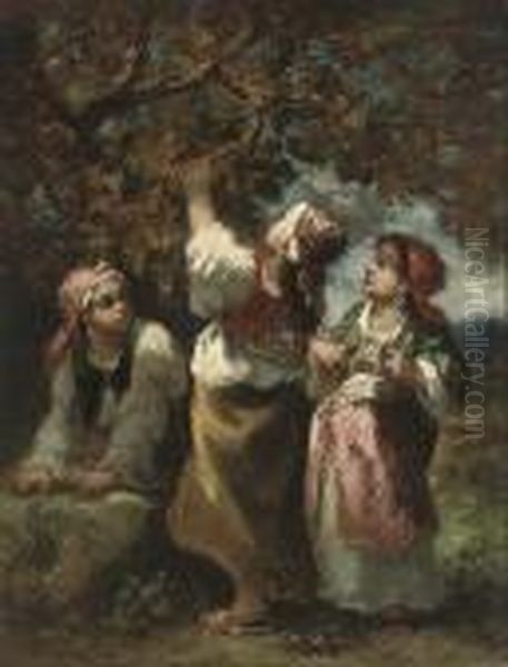 Trois Bohemiennes Pres D'un Arbre Cherchant Un Nid D'oiseau Oil Painting by Narcisse-Virgile D Az De La Pena