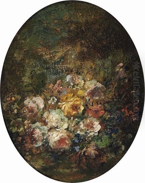 Bouquet De Roses Oil Painting by Narcisse-Virgile D Az De La Pena