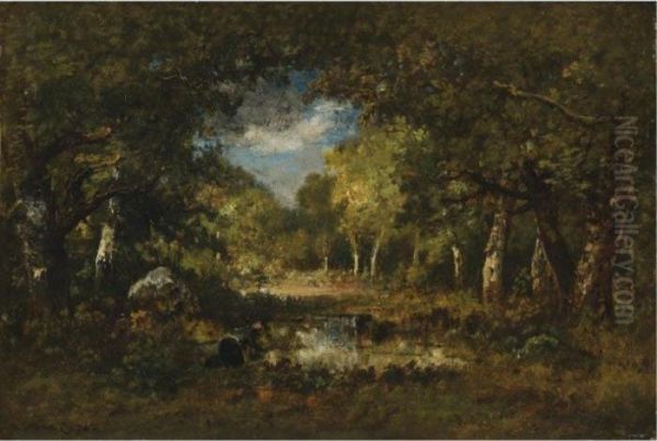 Clairiere En Sous-bois Avec Mare Oil Painting by Narcisse-Virgile D Az De La Pena