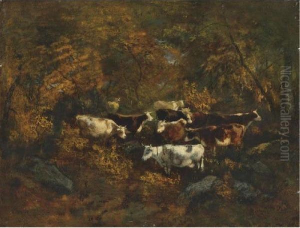 Paysage Et Vaches, Sous-bois Oil Painting by Narcisse-Virgile D Az De La Pena