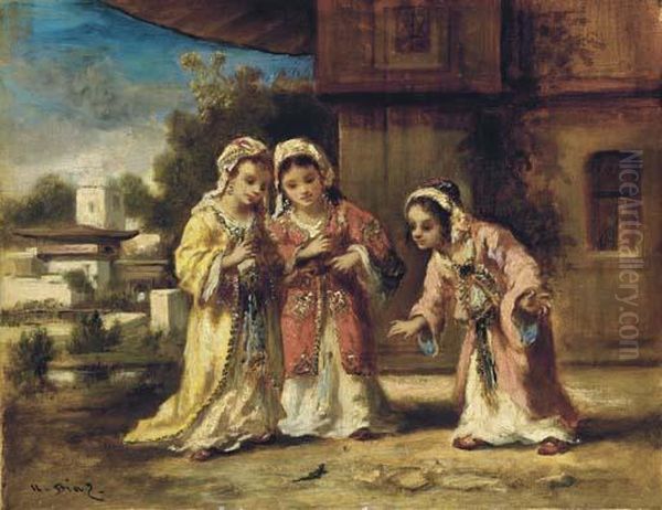 Trois Fillettes Observant Un Lezard Dans Un Ville Turque Oil Painting by Narcisse-Virgile D Az De La Pena