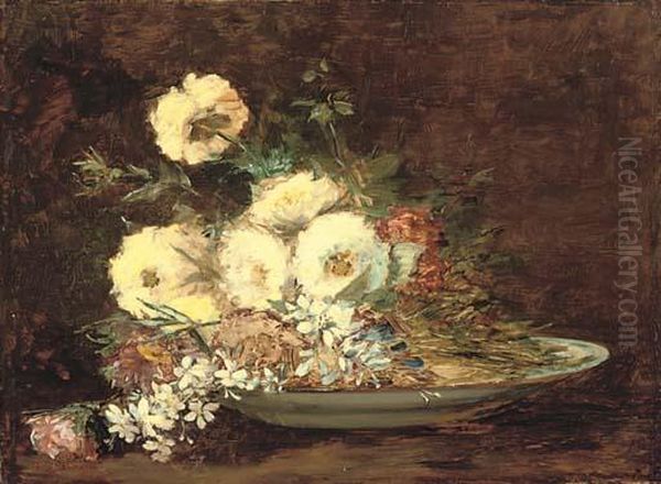 Still Life Of Flowers On A Charger Oil Painting by Narcisse-Virgile D Az De La Pena